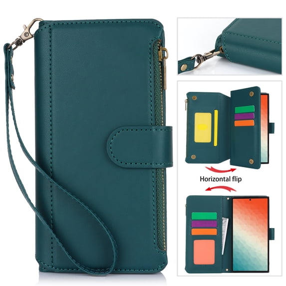 for Samsung Galaxy S23 Plus Crossbody Case, RFID Blocking for Galaxy S23 Plus Case Wallet with Card Holder, Fashion PU Leather Magnetic Flip Zipper Wrist Strap Lanyard Phone Case, Green