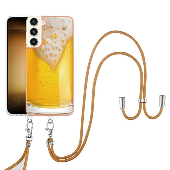for Samsung Galaxy S23 Plus Crossbody Strap Phone Case, Anti-Fall Pattern Clear Design Transparent Soft & Flexible TPU Drop and Shockproof Protective Cover with Adjustable Nylon Neck Strap, Draft Beer