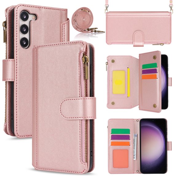 for Samsung Galaxy S23 Plus Crossbody Wallet Case, RFID Blocking Case Wallet with Card Slots, Fashion PU Leather Magnetic Clasp Zipper Wrist Strap Phone Cover for Samsung Galaxy S23 Plus, Rosegold
