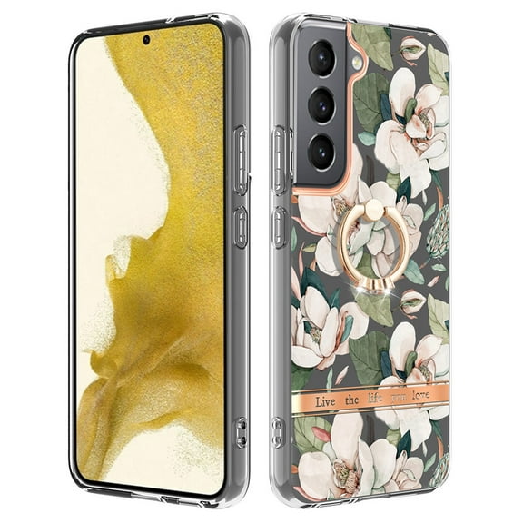 For Samsung Galaxy S23 Plus Floral Case with Ring Holder Kickstand - Slim and Lightweight, Military-Grade Shockproof Protection, Women & Girls' Style Case Designed for Galaxy S23 Plus, White Flower