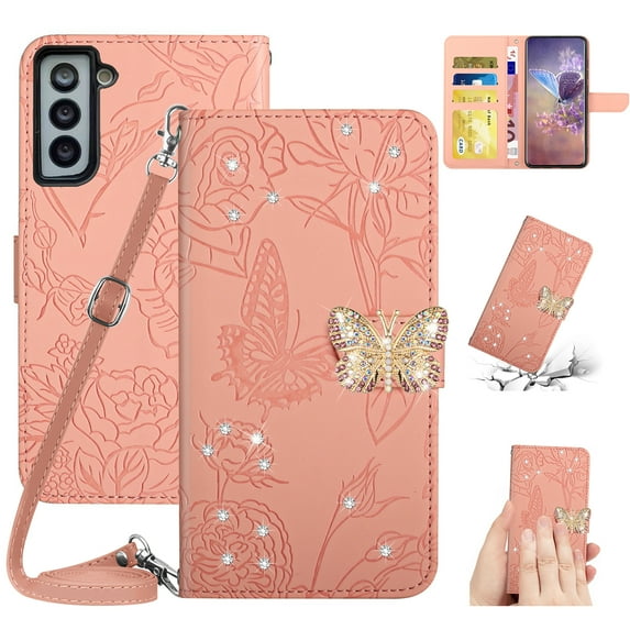 for Samsung Galaxy S23 Plus Flower Pattern Wallet Case, with Wrist Hand Strap Crossbody Lanyard, Sparkle Rhinestone Butterfly Cover with Card Slots & Kickstand & Magnetic Clasp Case, Pink