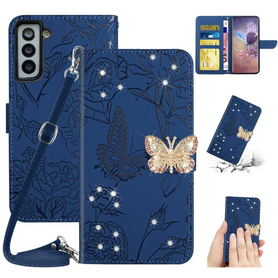 for Samsung Galaxy S23 Plus Flower Pattern Wallet Case, with Wrist Hand Strap Crossbody Lanyard, Sparkle Rhinestone Butterfly Cover with Card Slots & Kickstand & Magnetic Clasp Case, Darkblue