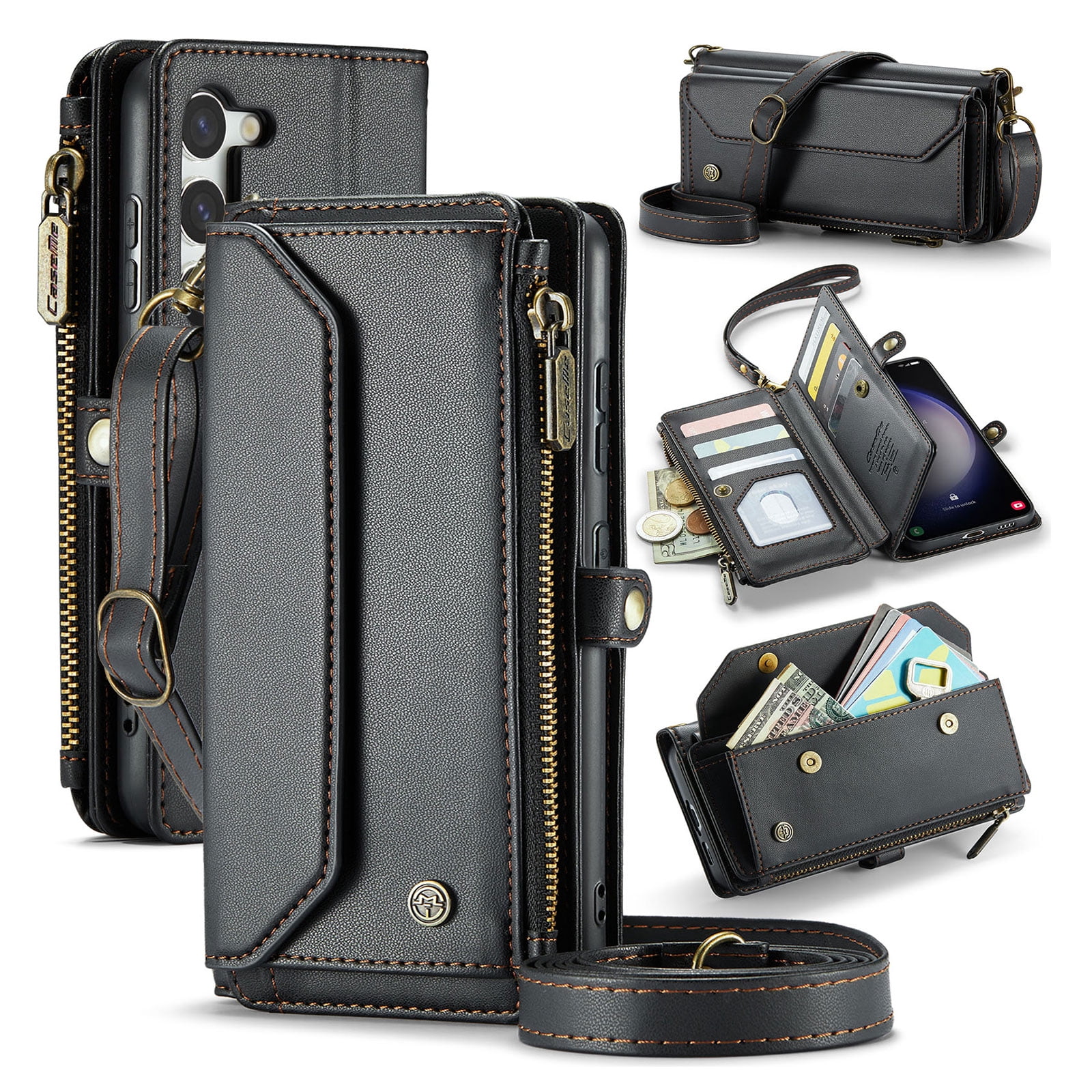 for Samsung Galaxy S23 Plus Full Body Protection Wallet Folio Flip Case, Shoulder Strap & Wristlet Card Slots Zipper Pocket RFID Blocking Rugged Durable PU Leather Phone Case Cover, Black