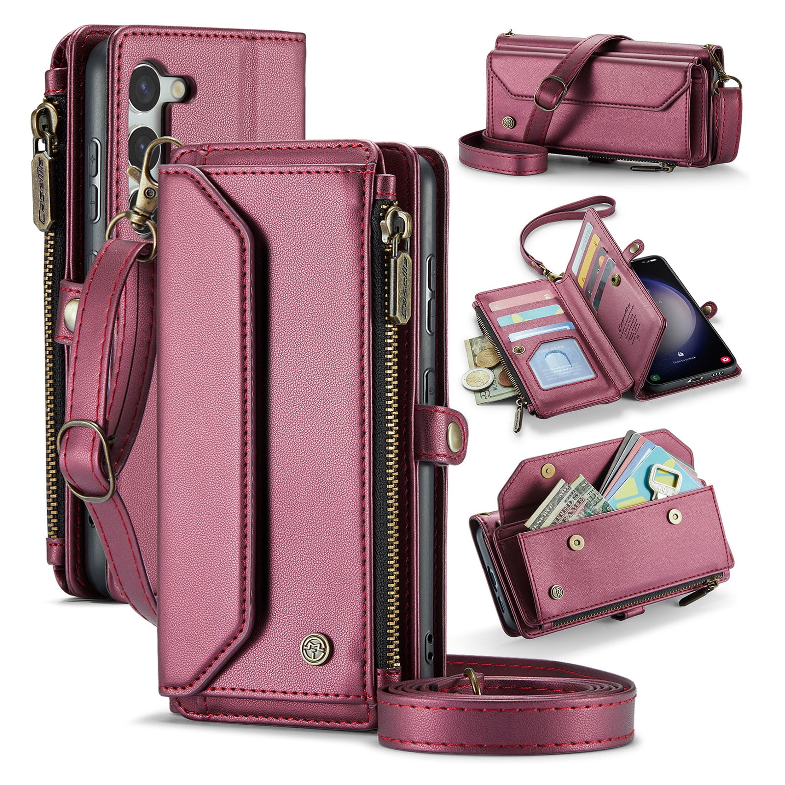 for Samsung Galaxy S23 Plus Full Body Protection Wallet Folio Flip Case, Shoulder Strap & Wristlet Card Slots Zipper Pocket RFID Blocking Rugged Durable PU Leather Phone Case Cover, Winered