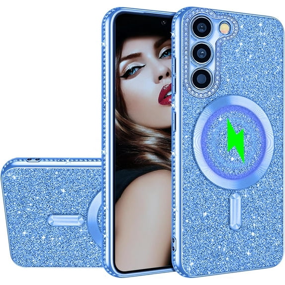 for Samsung Galaxy S23+ Plus Glitter Case with Camera Lens Protector, Slim TPU Clear Case with Magsafe Shiny Bling Sparkly Diamond Cover for Samsung S23 Plus KCZ Blue