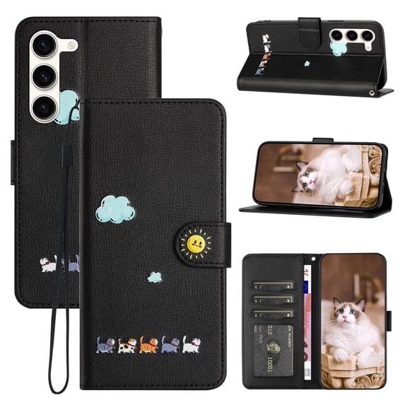 for Samsung Galaxy S23 Plus Lovely Cartoon Pattern Wallet Flip PU Leather Case, with Wrist Strap / Credit Card Slots / Photo Slot / Cash Pocket Kickstand Cute Phone Cover for Galaxy S23 Plus, Black