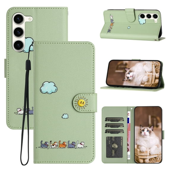 for Samsung Galaxy S23 Plus Lovely Cartoon Pattern Wallet Flip PU Leather Case, with Wrist Strap / Credit Card Slots / Photo Slot / Cash Pocket Kickstand Cute Phone Cover for Galaxy S23 Plus, Green