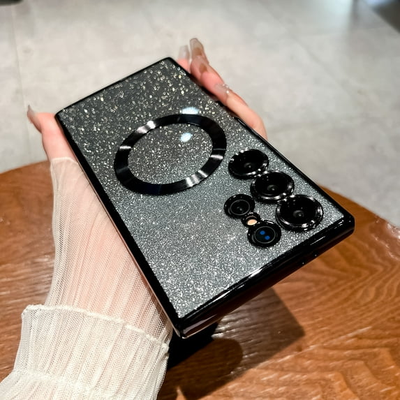 for Samsung Galaxy S23 Plus Magnetic Case, Sparkle Glitter Case Compatible with MagSafe Camera Lens Protection Bling Case Anti-Scratch Shockproof Phone Case for Samsung Galaxy S23 Plus,Black