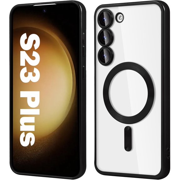 for Samsung Galaxy S23+ Plus Magnetic Clear Case, Compatible with MagSafe, Built-in Camera Lens Protector, Luxury Plating Soft TPU Shockproof Slim Thin Cover 6.6 inch, Black