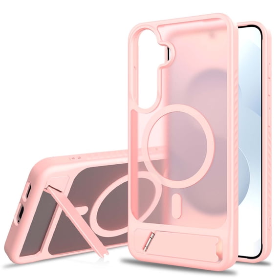 For Samsung Galaxy S23 Plus Magnetic Phone Case,Built-in Retractable Kickstand,Compatible with Mag-Safe,Military-Grade Drop Protection,Translucent Shockproof Rugged Thin Frosted Phone Case,Pink