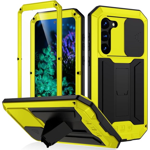 Samsung Galaxy S23 Plus Metal Case with Slide Camera Cover Built in Screen Protector Full Body Hybrid S23 Plus Case Metal Kickstand Military Heavy Duty Armor Silicone Case for Man Woman (Yellow)