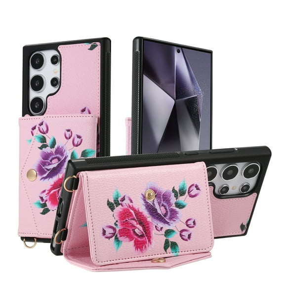 for Samsung Galaxy S23 Plus Mirror Wallet Case with Card Holder, Floral Flower Print Back Flip Folio PU Leather Kickstand Shoulder Strap / Wristlet Magnetic Clasp Cover for S23 Plus, Pink