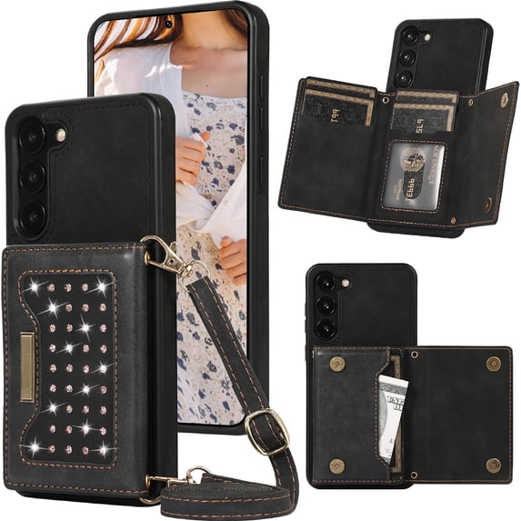 for Samsung Galaxy S23 Plus (Not S23) Crossbody Wallet Case for Women, Bling Glitter PU Leather Phone Case with RFID Blocking Card Holder Cover for Samsung Galaxy S23+ Plus SZ Black