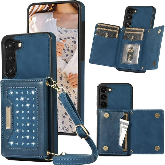 for Samsung Galaxy S23 Plus (Not S23) Crossbody Wallet Case for Women, Bling Glitter PU Leather Phone Case with RFID Blocking Card Holder Cover for Samsung Galaxy S23+ Plus SZ Blue