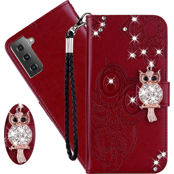 for Samsung Galaxy S23+ Plus (Not S23) Wallet Case for Women, Glitter Bling Diamond PU Leather Folio Cover with Card Slot Wrist Strap Case for Samsung Galaxy S23 Plus Owl Red