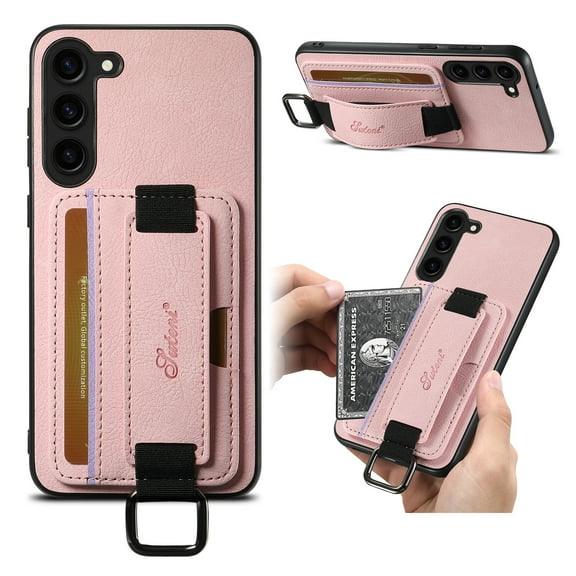 for Samsung Galaxy S23 Plus PU Leather Card Slots Back Case, Classic Wristband Kickstand Finger Ring Shockproof Protective TPU Frame Case for Samsung Galaxy S23 Plus Women Men Boys Girls, Pink