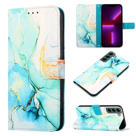 for Samsung Galaxy S23 Plus PU Leather Wallet case, Marble Pattern Credit Card Holder,Flip Folio Book Kickstand Cover Women Men with Long + Short Strap for Samsung Galaxy S23+, Blue