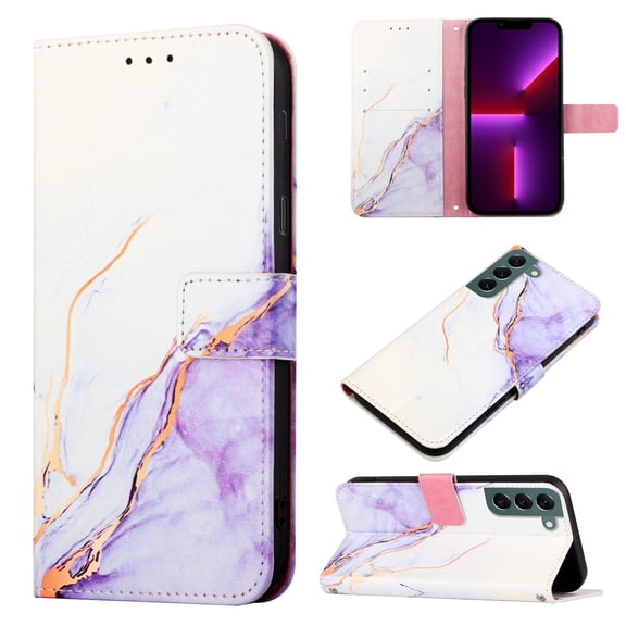 for Samsung Galaxy S23 Plus PU Leather Wallet case, Marble Pattern Credit Card Holder,Flip Folio Book Kickstand Cover Women Men with Long + Short Strap for Samsung Galaxy S23+, Purple/White