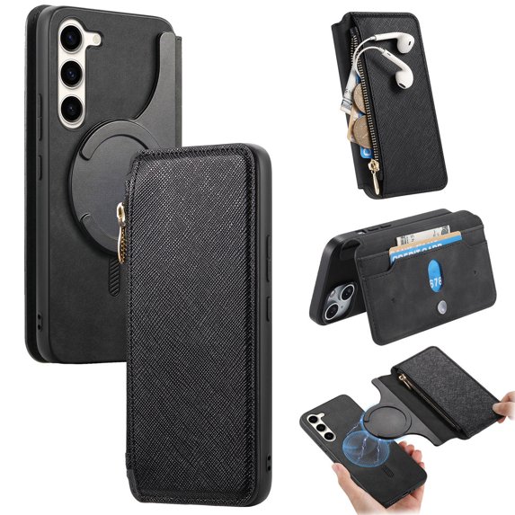 for Samsung Galaxy S23 Plus Phone Case, Detachable Magnetic Wallet, Card Slot Pocket Zipper Retro PU Leather Flip Folio Case Compatible with Kickstand Magsafe for Samsung Galaxy S23 Plus, Black