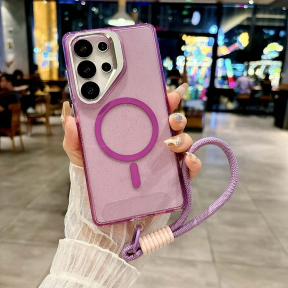 For Samsung Galaxy S23 Plus Phone Case,With Contractile Lens Ring Kickstand,Compatible with Mag-Safe,Bling Glitter Transparent Back Design,With Wrist Strap,Ultra Slim Shockproof Phone Case,Purple