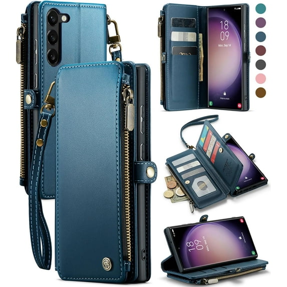 for Samsung Galaxy S23 Plus/ S23+ Case, for Samsung S23 Plus Wallet Case for Women Men, RFID Blocking PU Leather Magnetic Flip Strap Zipper Card Holder Phone Case for Galaxy S23 Plus, Blue