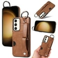 thumbnail image 1 of for Samsung Galaxy S23 Plus Wallet Case with Card Holder, Hand Wrist Strap Loop Holder Kickstand, Finger Grip Ring Buckle PU Leather Double Buttons Shockproof Cover for Samsung Galaxy S23 Plus, Brown, 1 of 10