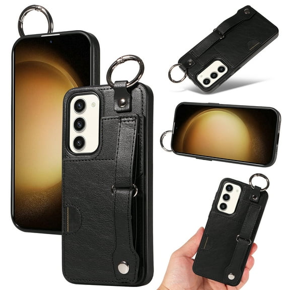 for Samsung Galaxy S23 Plus Wallet Case with Card Holder, Hand Wrist Strap Loop Holder Kickstand, Finger Grip Ring Buckle PU Leather Double Buttons Shockproof Cover for Samsung Galaxy S23 Plus, Black