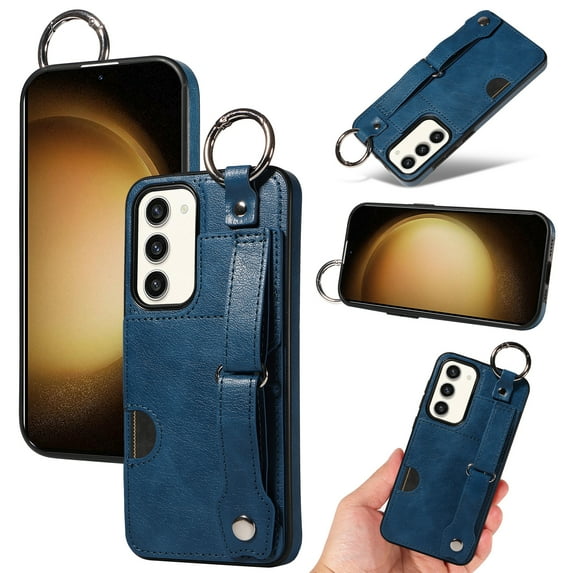 for Samsung Galaxy S23 Plus Wallet Case with Card Holder, Hand Wrist Strap Loop Holder Kickstand, Finger Grip Ring Buckle PU Leather Double Buttons Shockproof Cover for Samsung Galaxy S23 Plus, Blue