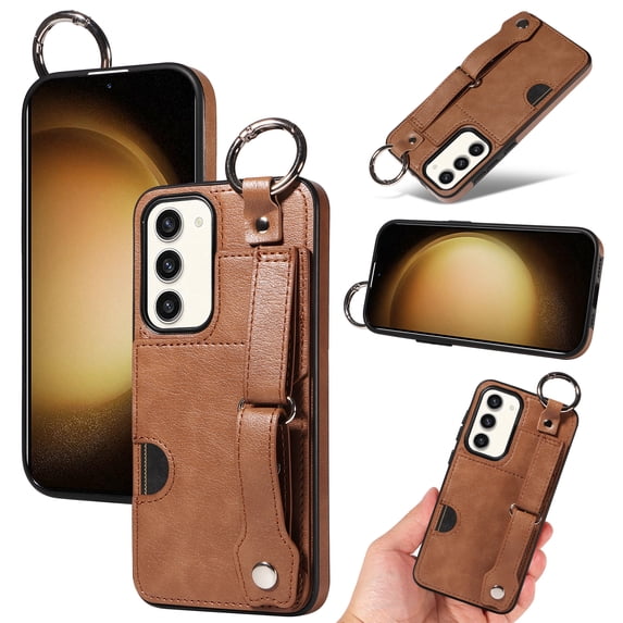 for Samsung Galaxy S23 Plus Wallet Case with Card Holder, Hand Wrist Strap Loop Holder Kickstand, Finger Grip Ring PU Leather Double Buttons Shockproof Soft TPU Cover for Galaxy S23 Plus, Brown