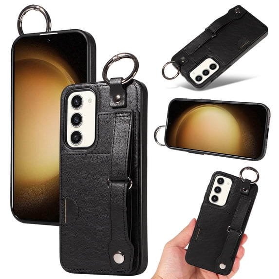 for Samsung Galaxy S23 Plus Wallet Case with Card Holder, Hand Wrist Strap Loop Holder Kickstand, Finger Grip Ring PU Leather Double Buttons Shockproof Soft TPU Cover for Galaxy S23 Plus, Black