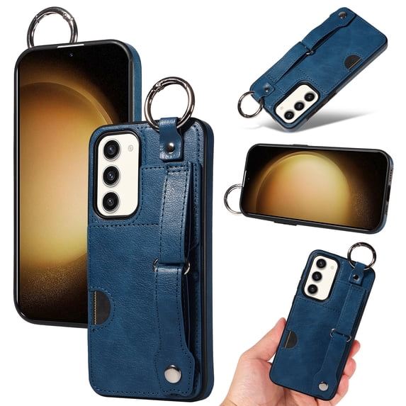 for Samsung Galaxy S23 Plus Wallet Case with Card Holder, Hand Wrist Strap Loop Holder Kickstand, Finger Grip Ring PU Leather Double Buttons Shockproof Soft TPU Cover for Galaxy S23 Plus, Blue