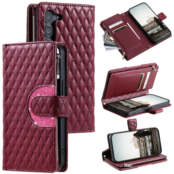 for Samsung Galaxy S23 Plus Wallet Case, Classic PU Leather Phone Case for Women Men with Zipper Credit Card Holder Wrist Strap Crossbody Strap Shockproof Flip Case for S23 Plus, Winered