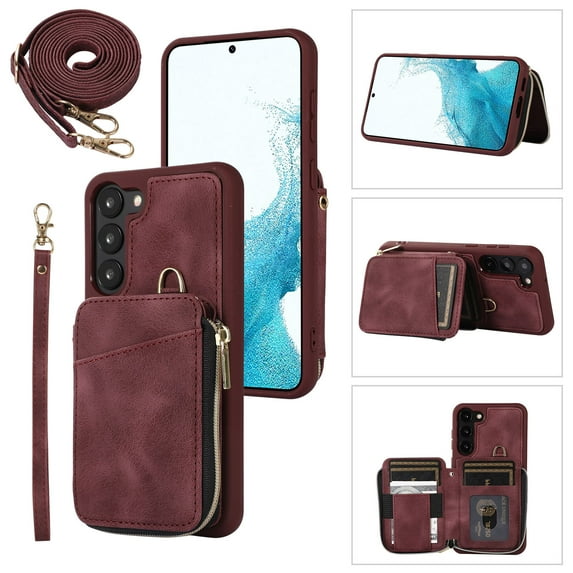 for Samsung Galaxy S23 Plus Wallet Case Crossbody Strap, Zipper Phone Case with Card Holder Wrist Strap Purse Cover with Kickstand Compatible with Samsung Galaxy S23 Plus 6.6 inch - Winered