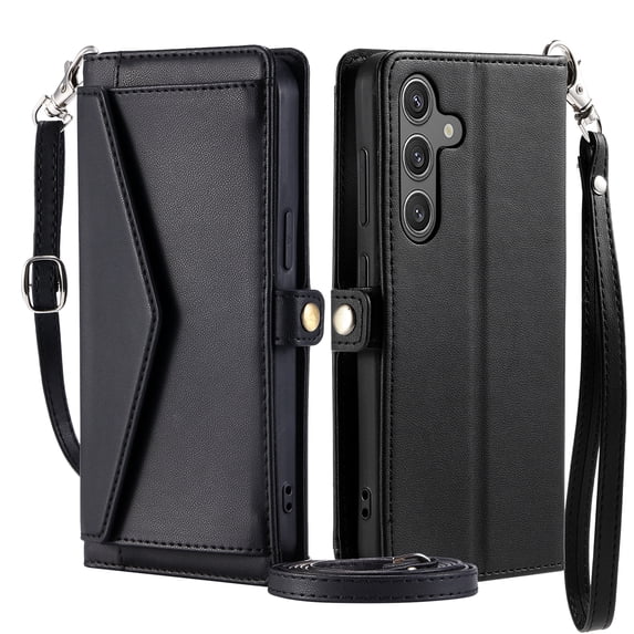For Samsung Galaxy S23 Plus Wallet Case, RFID Blocking Crossybody Shoulder Strap Hand Wrist Flip Cover Carsd Holder Snap Closure Protective Phone Case for Samsung Galaxy S23 Plus, Black