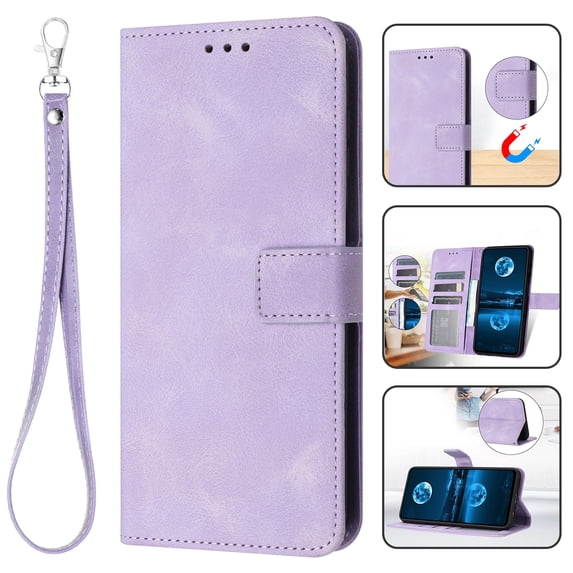 for Samsung Galaxy S23 Plus Wallet Case with Wrist Strap, PU Leather Purse Shockproof Full Protective Phone Cover with Card Slots Magnetic Clasp Flip Stand Case for Galaxy S23 Plus, Purple