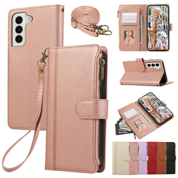 for Samsung Galaxy S23 Plus Wallet case with Card Holder for Women Men,Phone case RFID Blocking PU Leather Flip Cover with Strap Zipper Credit Card Slots,Kickstand,With Wrist Strap,Rosegold