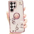thumbnail image 1 of for Samsung Galaxy S23 S22 S21 S20 Ultra Plus FE Stylish Sparkly Rhinestone Silicone Phone Case Finger Ring Holder Exquisite Flower Slim Cover(Pink,S21 FE), 1 of 7
