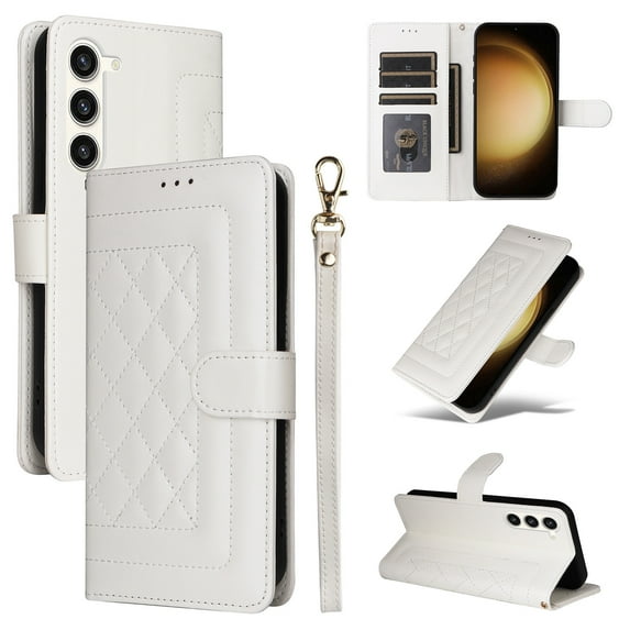 for Samsung Galaxy S23 Thin Fit Case Cover, Premium PU Leather Magnetic Wallet Flip Case with Stand Bracket Holder Flip Cover with Card Slots and Wrist Strap for Galaxy S23 - White