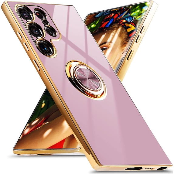 for Samsung Galaxy S23 Ultra 5G Case, Built-in 360° Rotation Ring Holder Magnetic Stand, Luxury Shiny Plating Edge Shockproof Electroplated Protective Phone Cover (Purple/Golden)