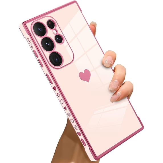 for Samsung Galaxy S23 Ultra 5G Case Heart Plating Electroplate Luxury Elegant Case Camera Protector Soft TPU Shockproof Protective Corner Back Cover Galaxy S23 Ultra 5G Case -Pink