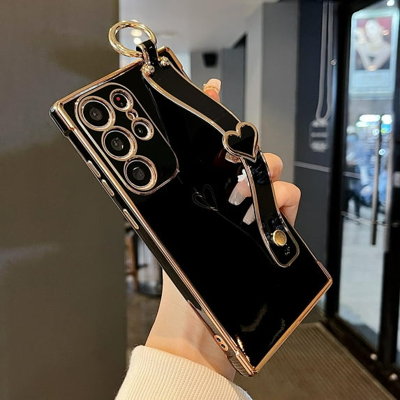 Samsung Galaxy S23 Ultra 5G Case with Kickstand,Luxury Cute Plating Edge Love Hearts Pattern Wrist Strap Finger Holder for Girls Women,Soft Shockproof Cover for Galaxy S23 Ultra 6.8",Black