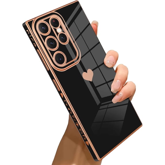 Samsung Galaxy S23 Ultra 5G Case Love Heart 6D Plating Electroplate Luxury Elegant Case Camera Protector Soft TPU Shockproof Protective Corner Back Cover -Black