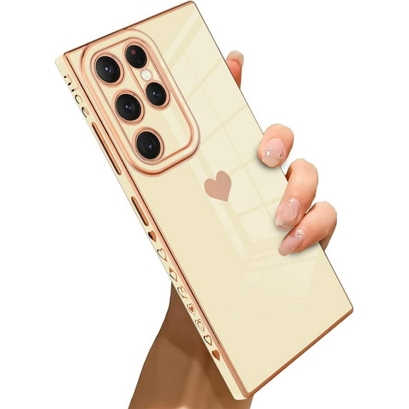 Samsung Galaxy S23 Ultra 5G Case Love Heart 6D Plating Electroplate Luxury Elegant Case Camera Protector Soft TPU Shockproof Protective Corner Back Cover -White