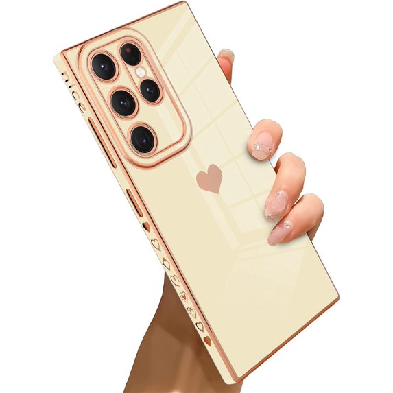 Samsung Galaxy S23 Ultra 5G Case Love Heart 6D Plating Electroplate Luxury Elegant Case Camera Protector Soft TPU Shockproof Protective Corner Back Cover -White