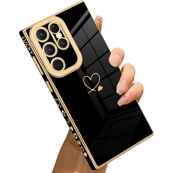 for Samsung Galaxy S23 Ultra 5G Case Love Heart Plating, Cute Pattern Luxury Elegant Cover for Girls Women, Camera Protector TPU Full Body Protection Case-Black