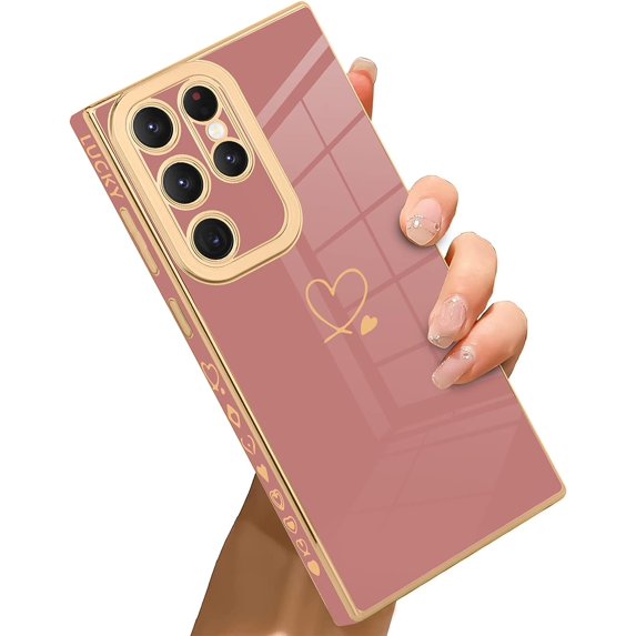 for Samsung Galaxy S23 Ultra 5G Case Love Heart Plating, Cute Pattern Luxury Elegant Cover for Girls Women, Camera Protector TPU Full Body Protection Case-Pink