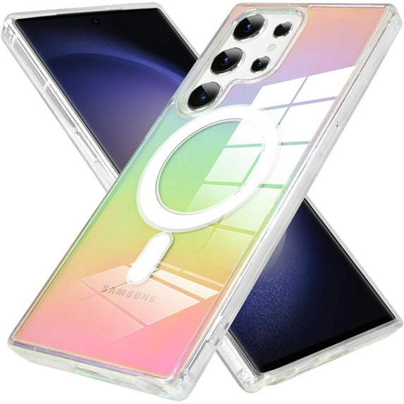 for Samsung Galaxy S23 Ultra 5G Case Magnetic 【Support for Magsafe】 Bling Laser Florescent Iridescent Crystal Luxury Case Camera Protector + 2* Screen Protector Shockproof Edge Cover Case