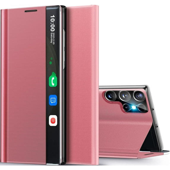 for Samsung Galaxy S23 Ultra 5G Case View Clear Smart Window Leather for Samsung S23 Ultra Case Luxury Flip Slim Mirror Hard PC Kickstand Shockproof Galaxy S23 Ultra Cover Protective (Pink)