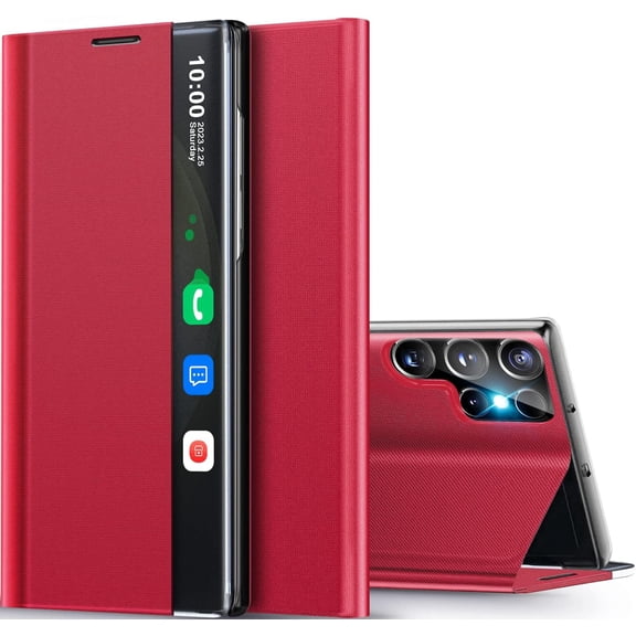 for Samsung Galaxy S23 Ultra 5G Case View Clear Smart Window Leather for Samsung S23 Ultra Case Luxury Flip Slim Mirror Hard PC Kickstand Shockproof Galaxy S23 Ultra Cover Protective (red)