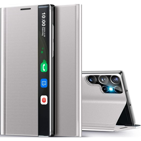 for Samsung Galaxy S23 Ultra 5G Case View Clear Smart Window Leather for Samsung S23 Ultra Case Slim Mirror Hard PC Kickstand Luxury Flip Shockproof Galaxy S23 Ultra Cover Protective (Gray)